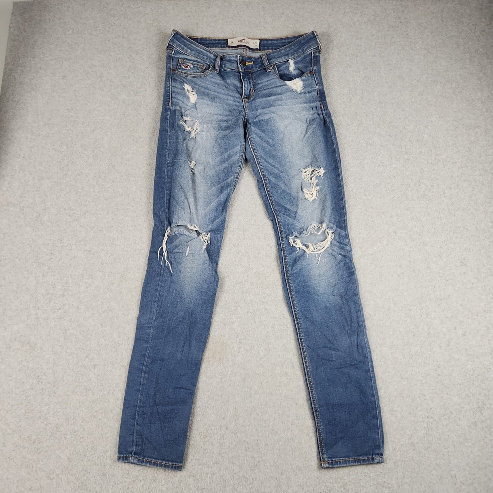 Hollister Jeans Womens 7 Blue Denim Whiskered Streetwear Distressed Skinny Leg